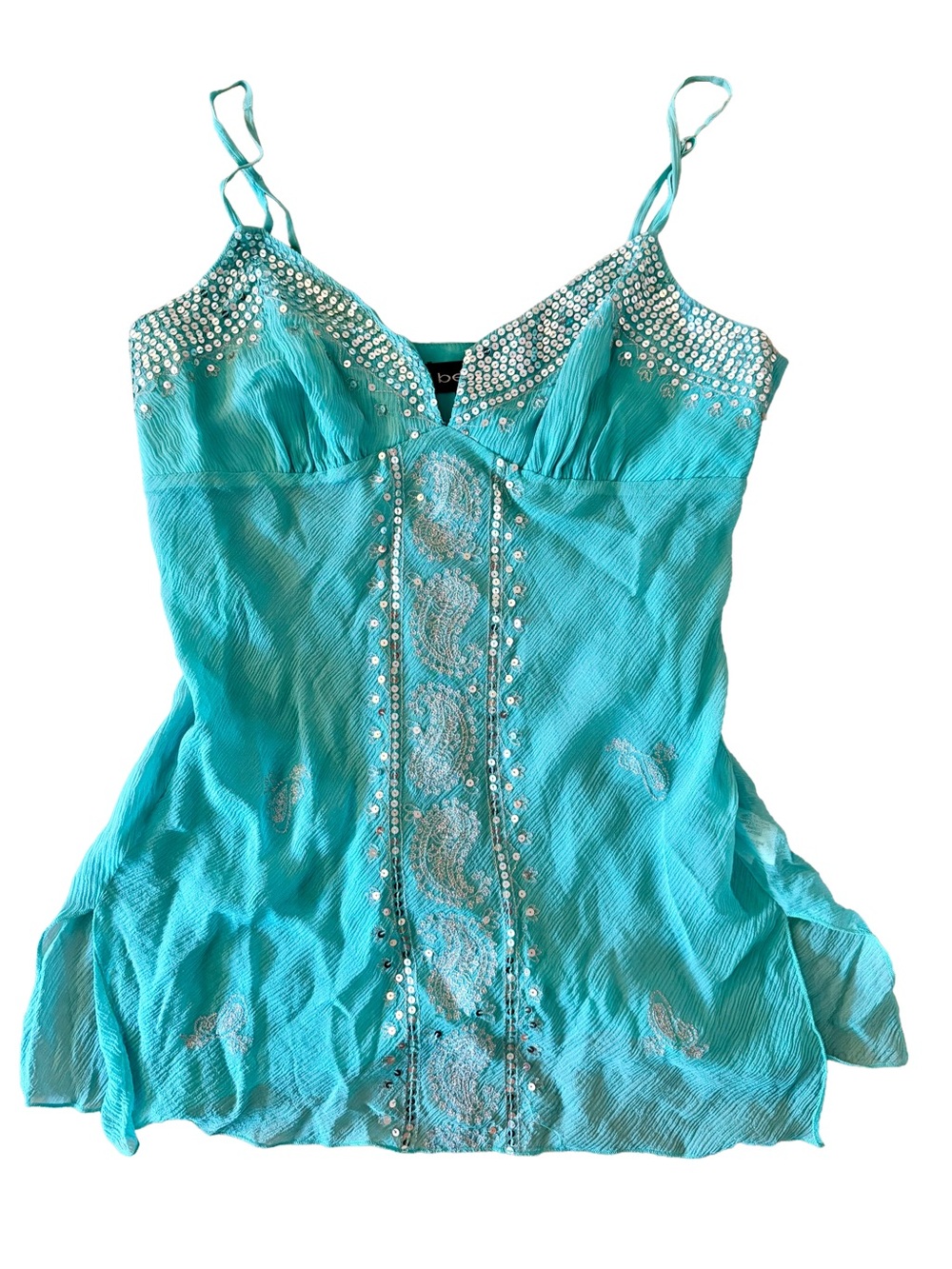 Y2K Vintage Bebe Turquoise Silk Chiffon Sequin Babydoll Cami Top Fairy Small